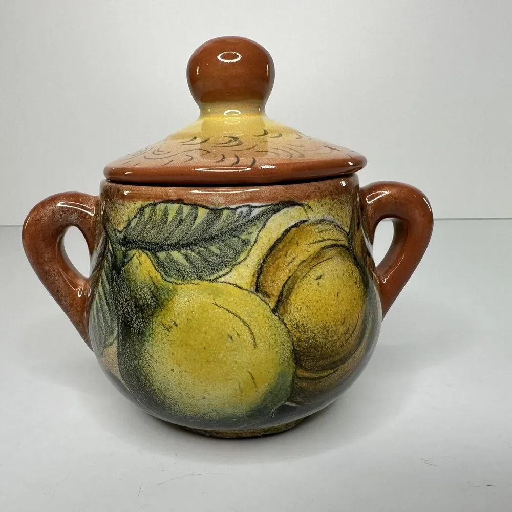 Covered Sugar Bowl‎ Mexico Majolica Venegas Hand Painted Pottery Fruit Pears